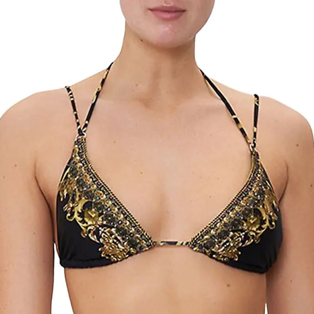 Camilla "Shadows Of Armada" Lace-Up Back Bikini Tri-Bra Top, Black Multi